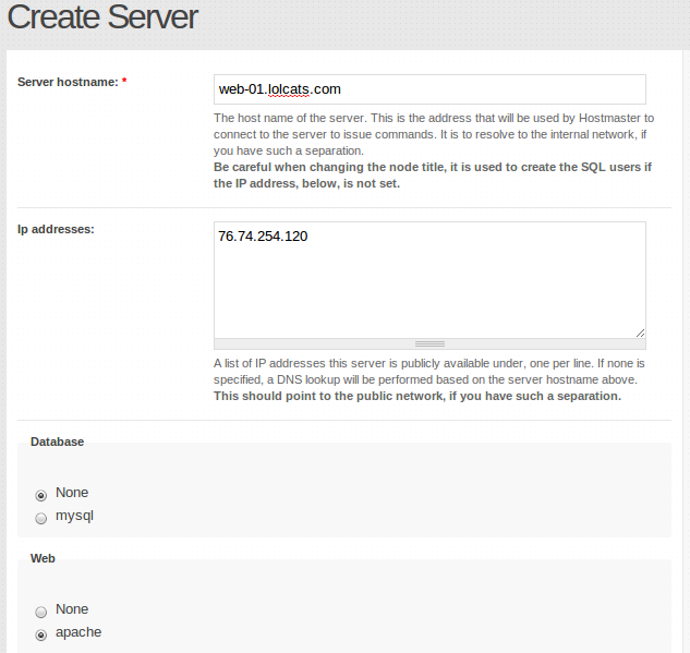 Create Server Aegir Admin Screen
